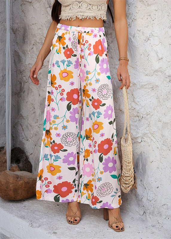 Vacation Rainbow Waist Print Dresses Trousers Tie