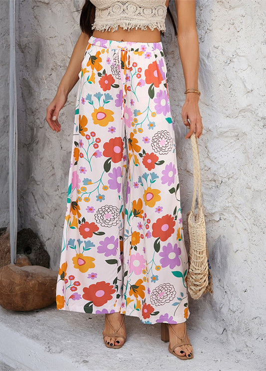 Vacation Rainbow Waist Print Dresses Trousers Tie