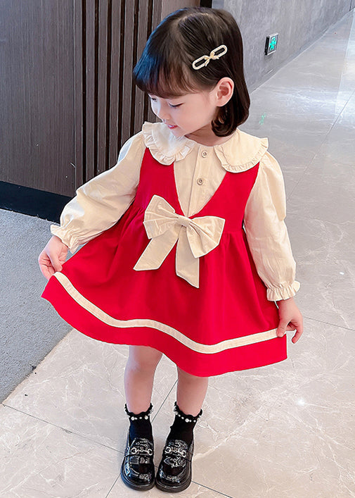 Red Button Cotton Girls Two Pieces Set Peter Pan Collar Long Sleeve XZ067