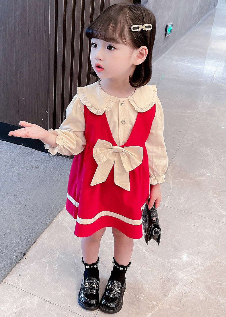 Red Button Cotton Girls Two Pieces Set Peter Pan Collar Long Sleeve XZ067