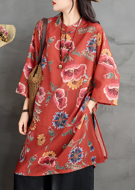 Print Dresses Sleeve Shirt Button Collar Red Stand Linen Bracelet