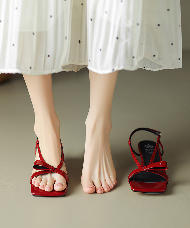 Bow Toe Peep Splicing Leather French Sandals Cowhide Red