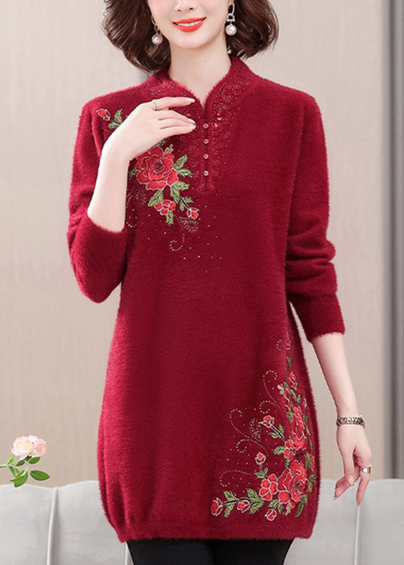 Red Cozy Mink Velvet Sweaters Embroidered Spring TA026