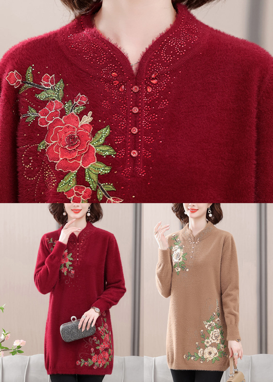Red Cozy Mink Velvet Sweaters Embroidered Spring TA026