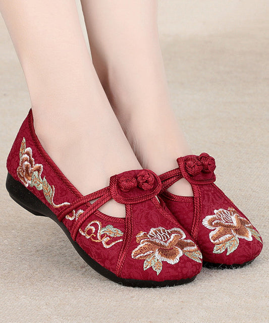 Red Flat Shoes Cotton Fabric Boho Embroidery Splicing RD007