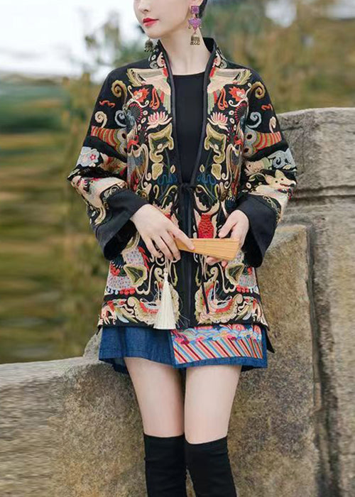 Red Lace Up Embroidered Silk Coats V Neck Long Sleeve Ada Fashion