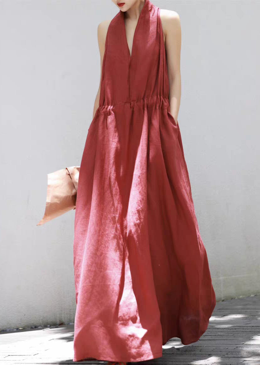 Long Dress Summer Up Lace Cotton V Neck Solid Red