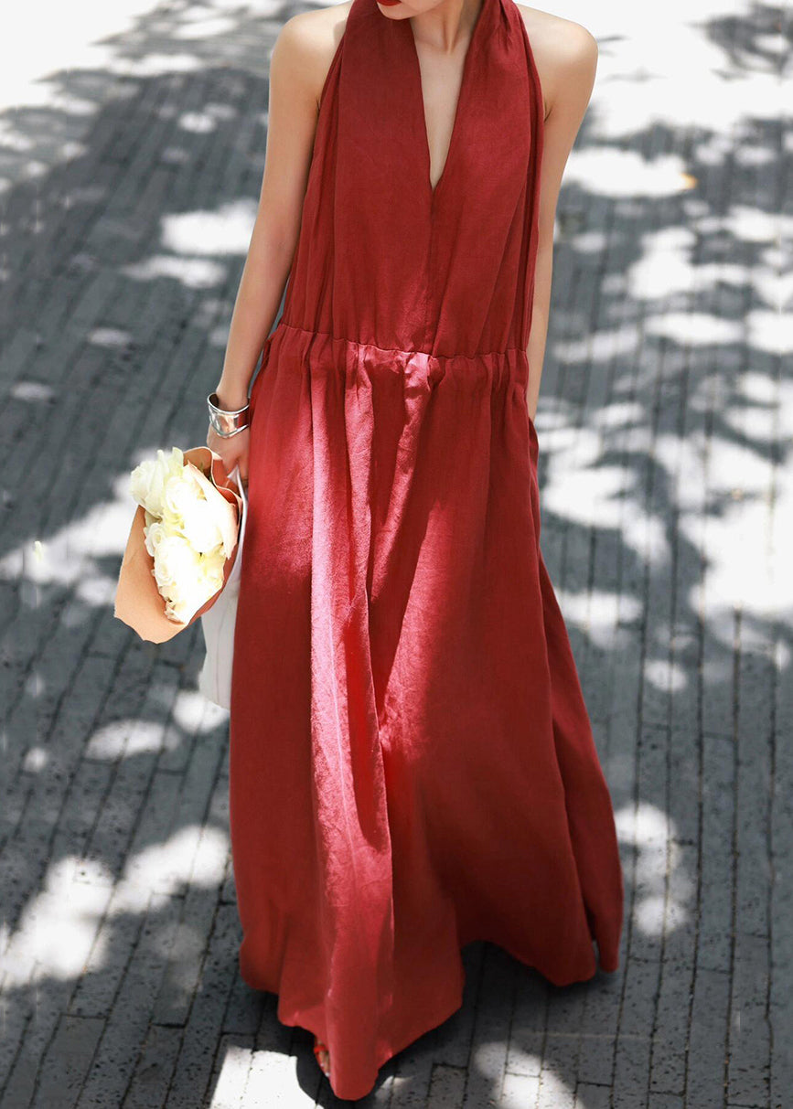 Long Dress Summer Up Lace Cotton V Neck Solid Red