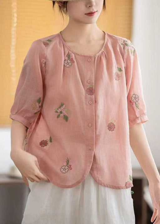 O-Neck Shirts Summer Red Embroidered Linen