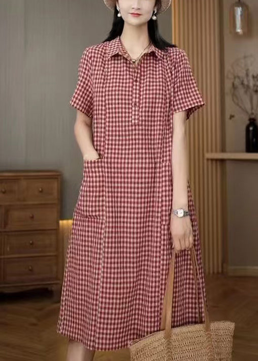 Summer Plaid Linen Red Dresses Peter Shirt Pan Collar