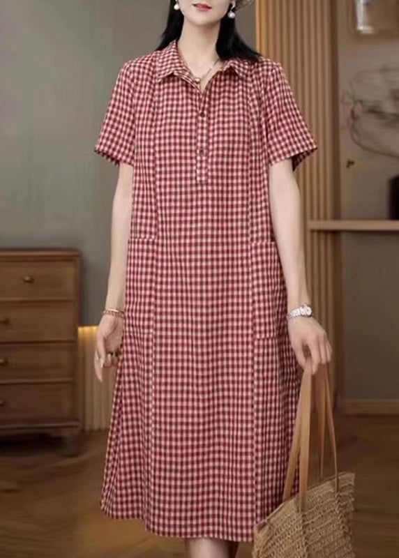 Summer Plaid Linen Red Dresses Peter Shirt Pan Collar