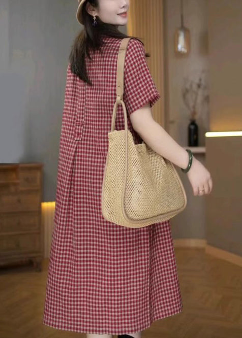 Summer Plaid Linen Red Dresses Peter Shirt Pan Collar
