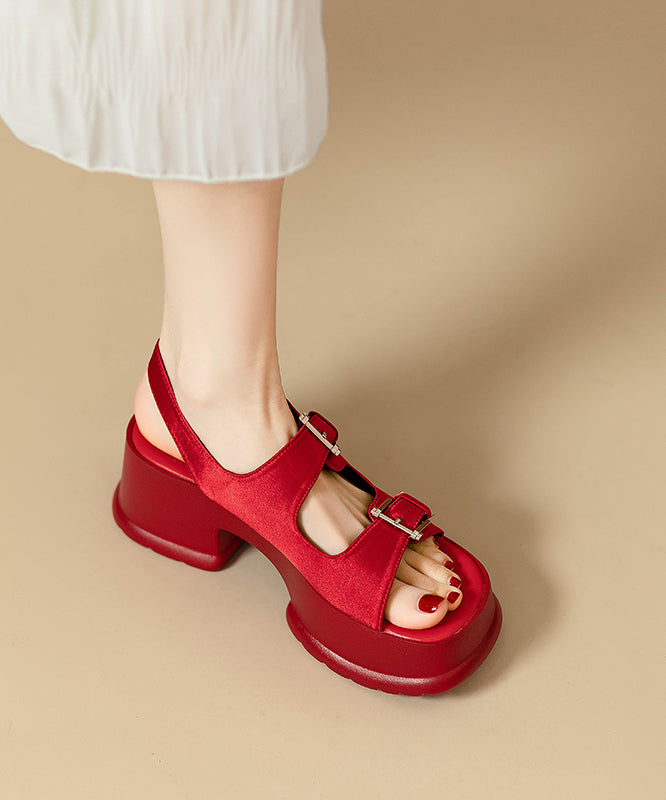 Chic Red Faux Buckle Strap Leather Sandals Splicing Platform