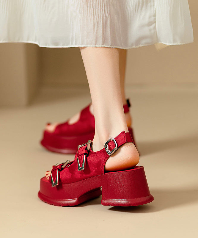 Chic Red Faux Buckle Strap Leather Sandals Splicing Platform