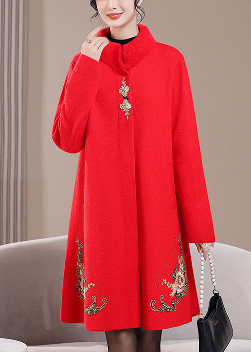 Red Pockets Zircon Wool Spring Coats Stand Collar RH014