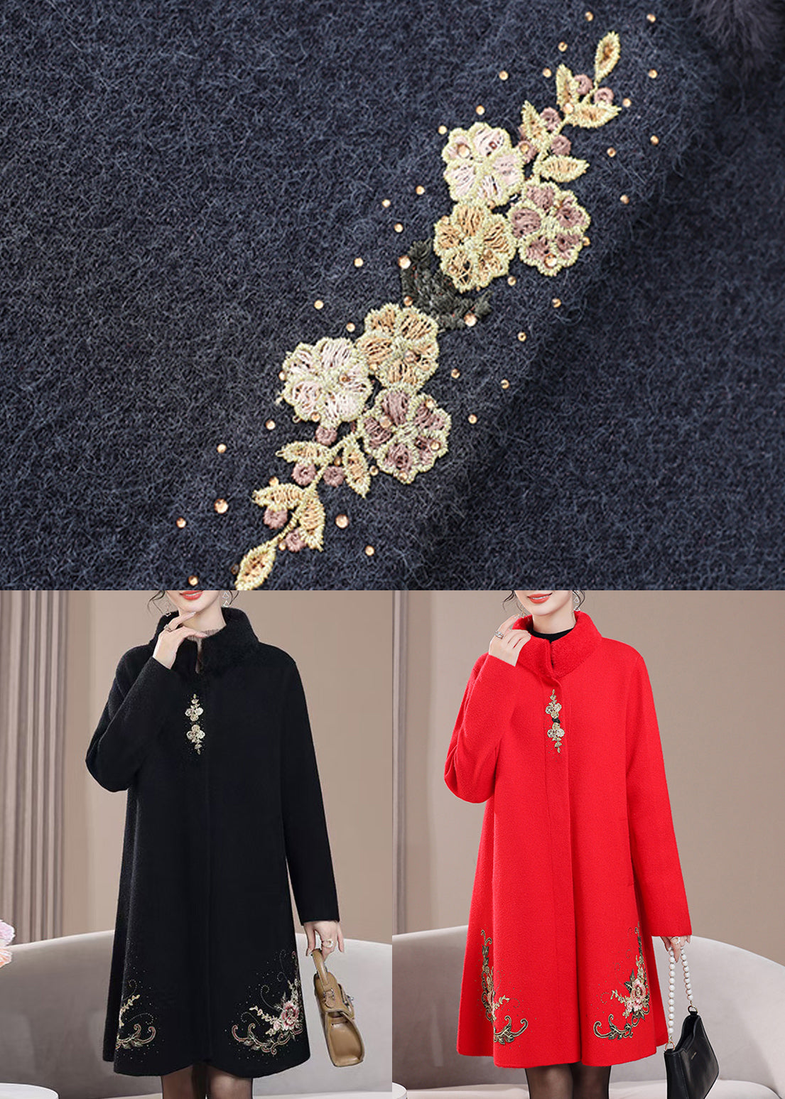 Red Pockets Zircon Wool Spring Coats Stand Collar RZ021