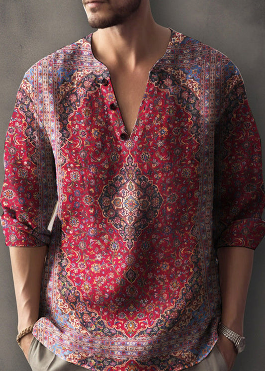 Cotton V Neck Shirts T Fall Button Red Mens Print