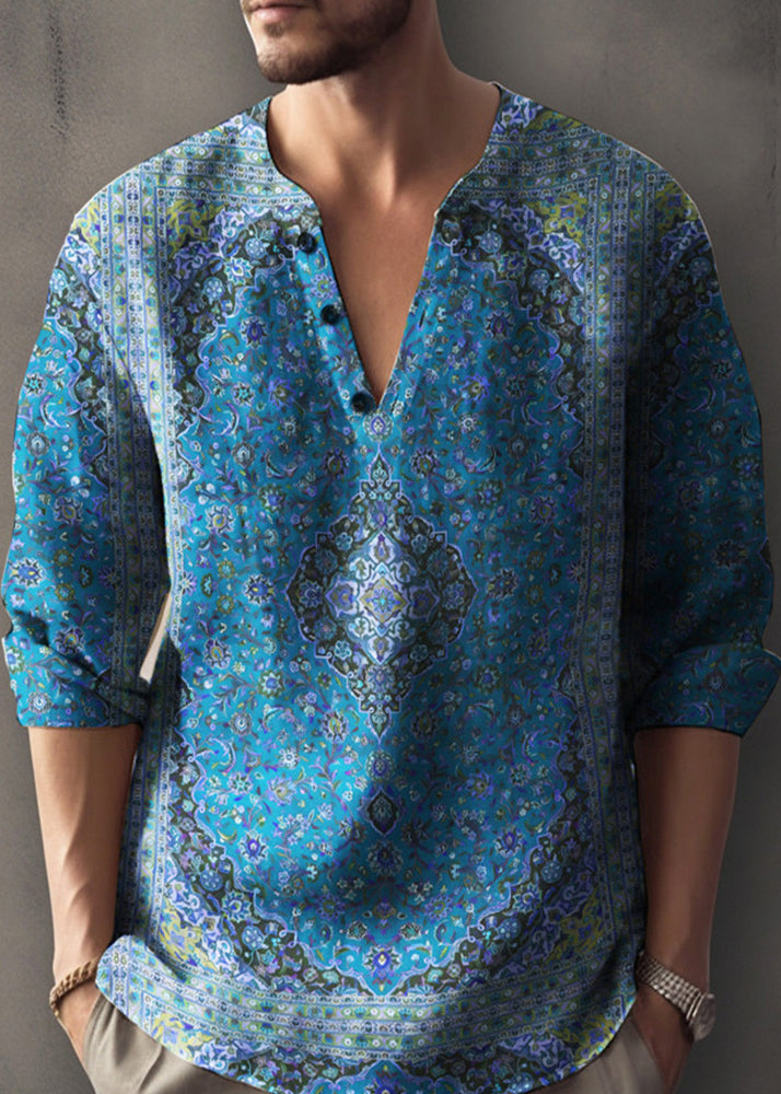 Cotton V Neck Shirts T Fall Button Red Mens Print