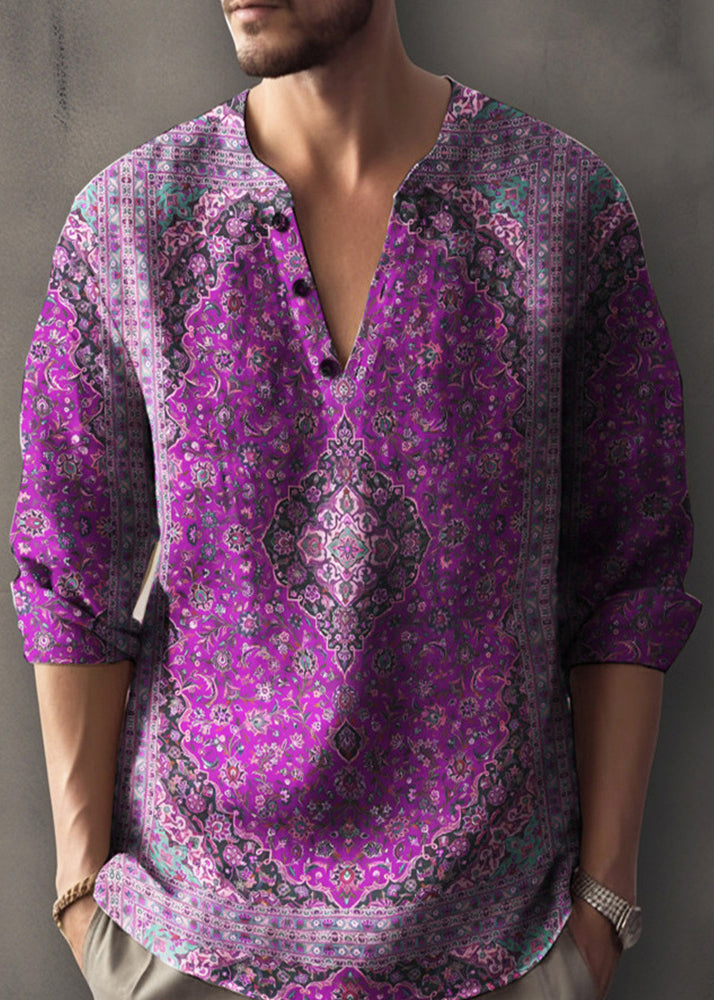 Cotton V Neck Shirts T Fall Button Red Mens Print