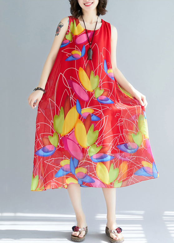 Red Print Chiffon Holiday Dresses O Neck Summer JH042