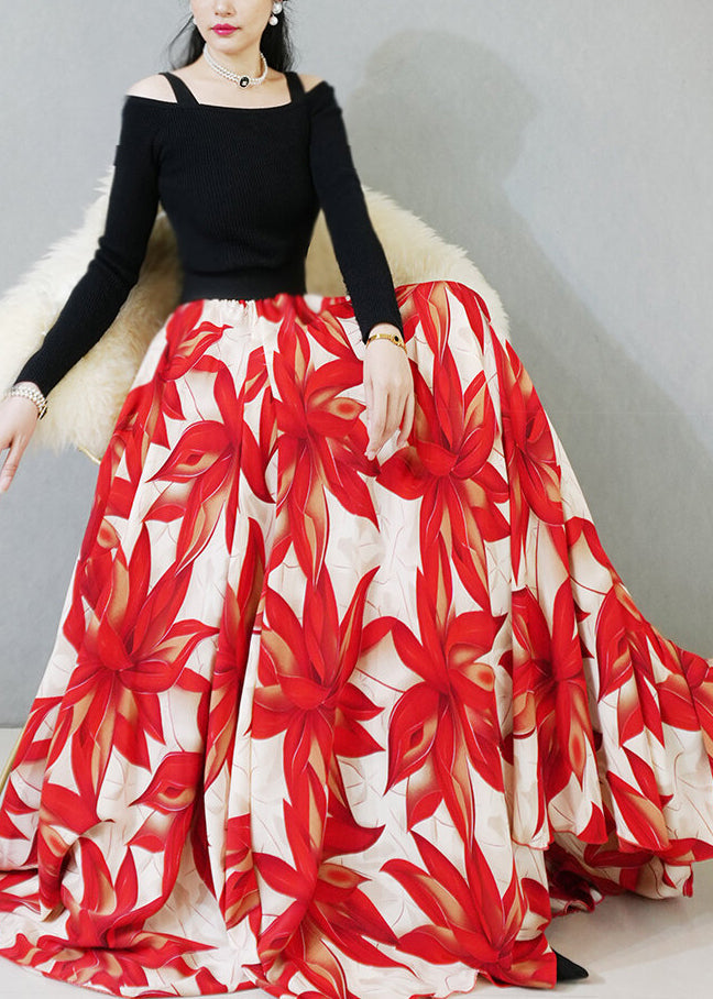 Red Print Chiffon Skirt Exra Large Hem Spring YU024