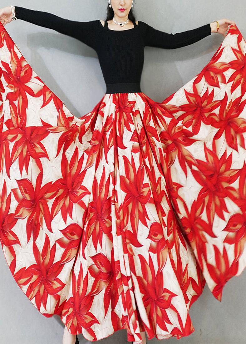 Red Print Chiffon Skirt Exra Large Hem Spring YU024