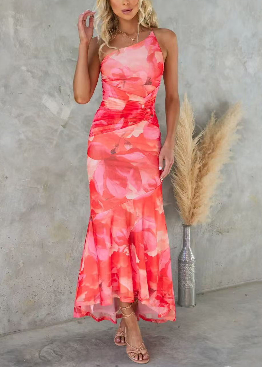 Dress Red Sleeveless Cotton Strap Shoulder Cold Spaghetti Print