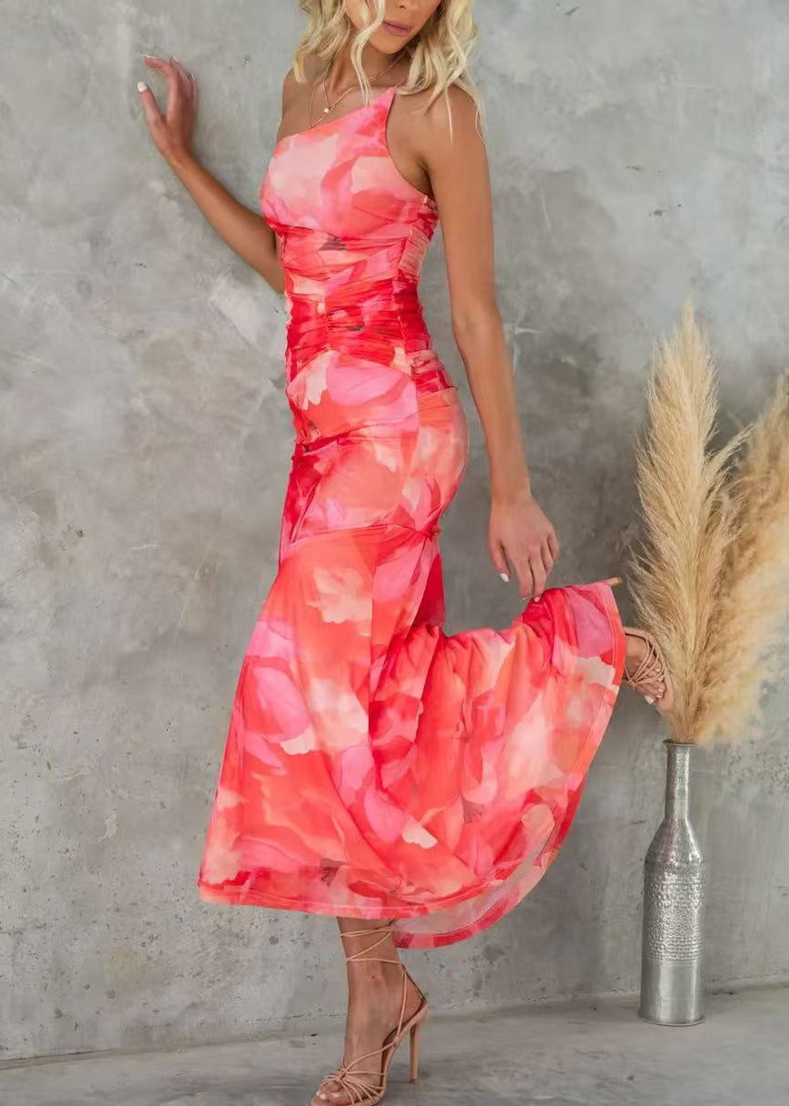 Dress Red Sleeveless Cotton Strap Shoulder Cold Spaghetti Print