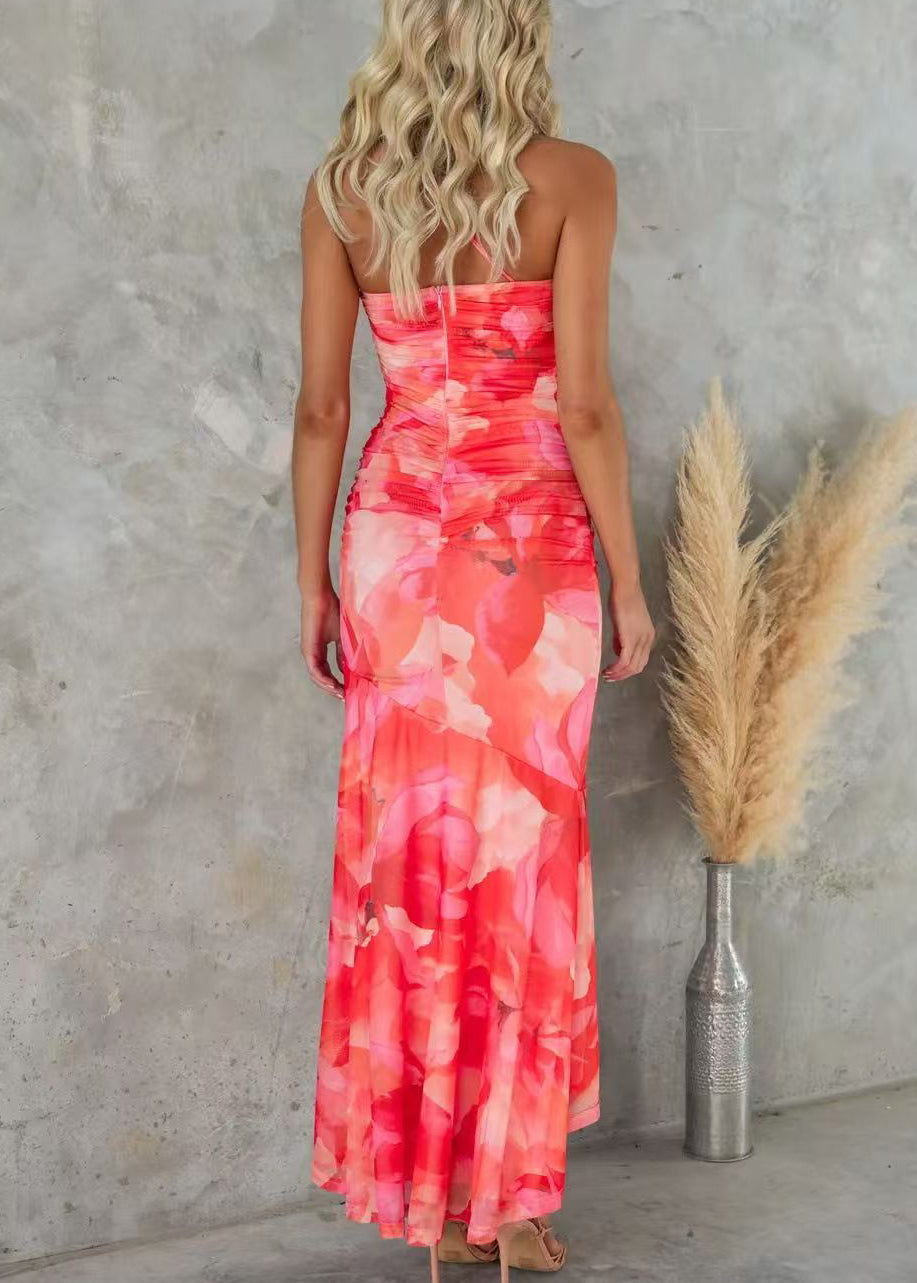 Dress Red Sleeveless Cotton Strap Shoulder Cold Spaghetti Print