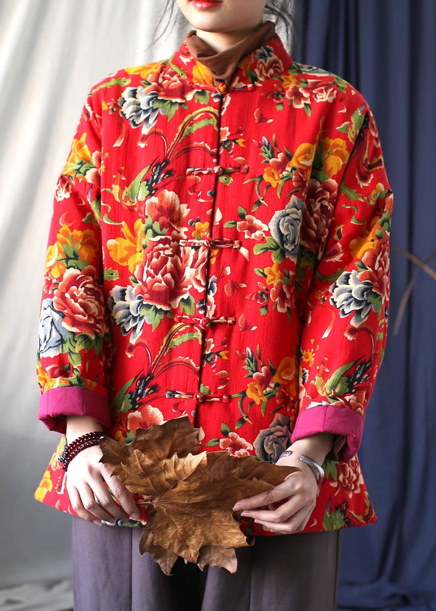 Red Print Fine Cotton Filled Jackets Chinese Button Spring TI037