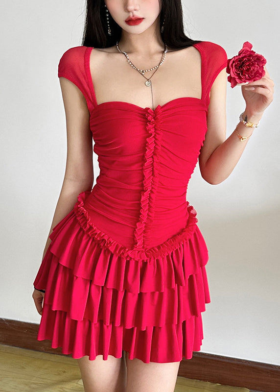 Short Mid Patchwork Red Ruffled Sleeve Dresses