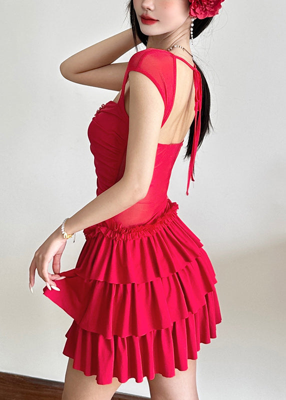 Short Mid Patchwork Red Ruffled Sleeve Dresses