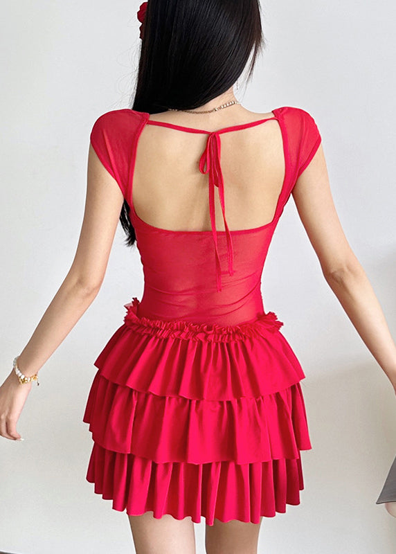 Short Mid Patchwork Red Ruffled Sleeve Dresses