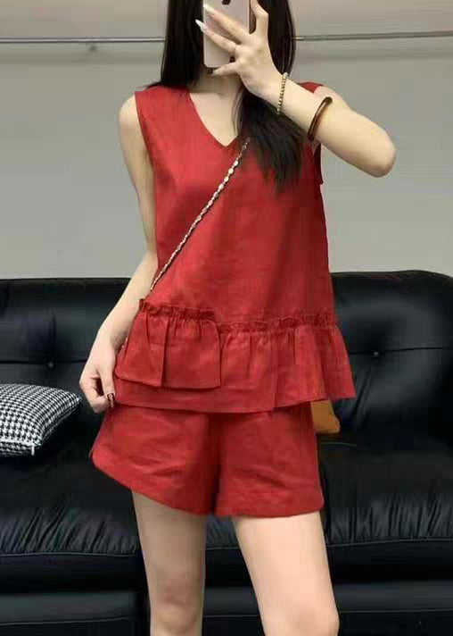 Neck Set Red Sleeveless Two Linen V Pieces Ruffled Pockets