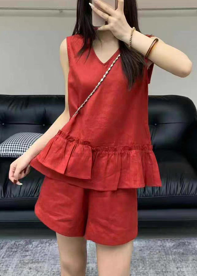 Neck Set Red Sleeveless Two Linen V Pieces Ruffled Pockets