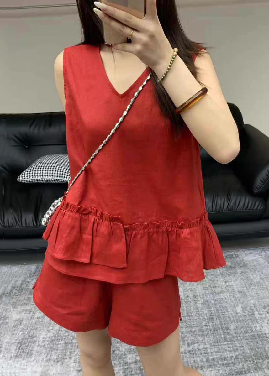 Neck Set Red Sleeveless Two Linen V Pieces Ruffled Pockets
