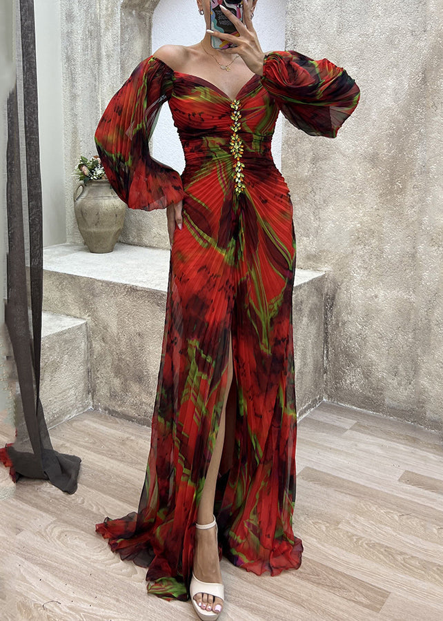 Red Side Open Cotton Long Dresses V Neck  Long Sleeve WW1055