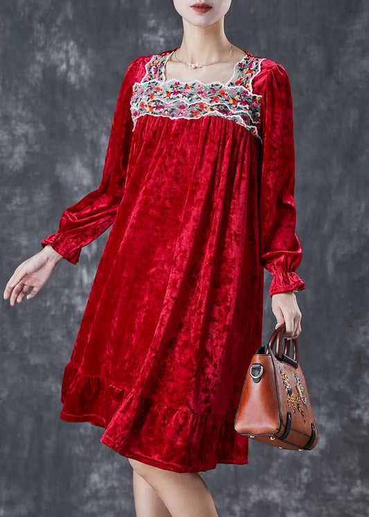 Red Silk Velour Holiday Dress Square Collar Embroidered Fall Ada Fashion