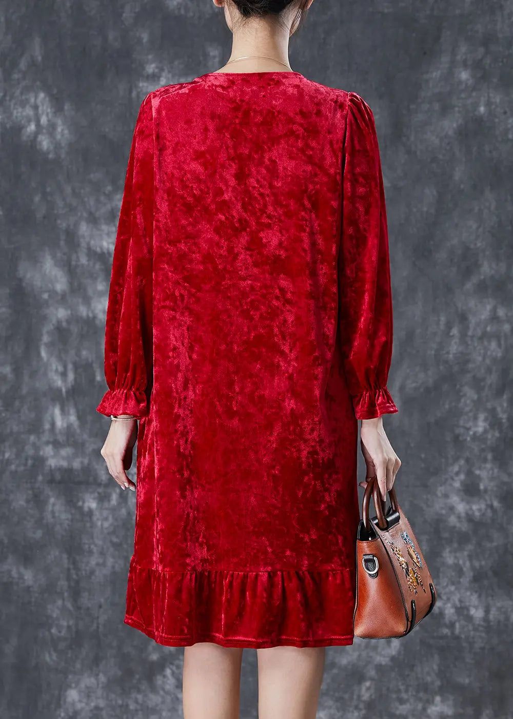 Red Silk Velour Holiday Dress Square Collar Embroidered Fall Ada Fashion