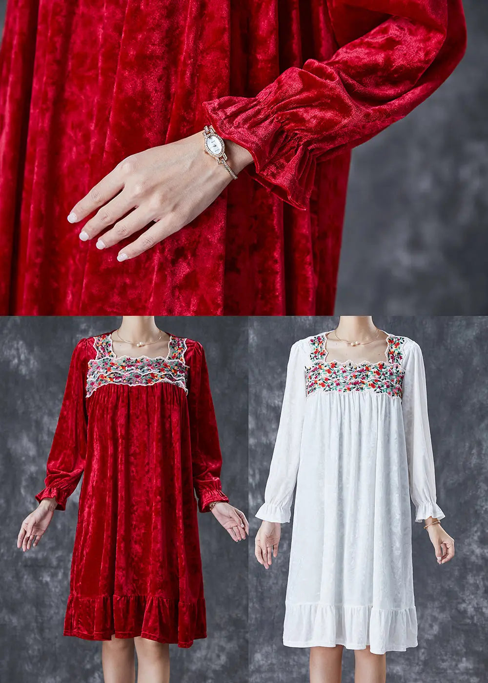 Red Silk Velour Holiday Dress Square Collar Embroidered Fall Ada Fashion