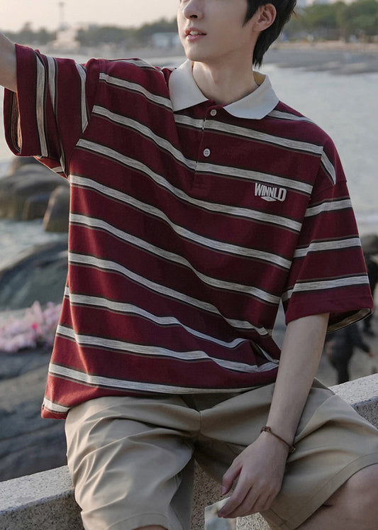 Striped Button Polo Shirts Cotton Red Loose Mens