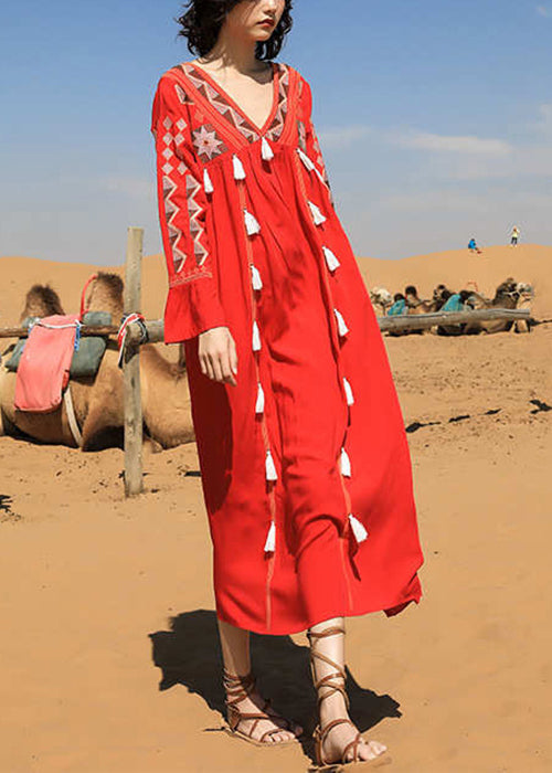 Tasseled Long Dress Fall Red Cotton V Patchwork Neck