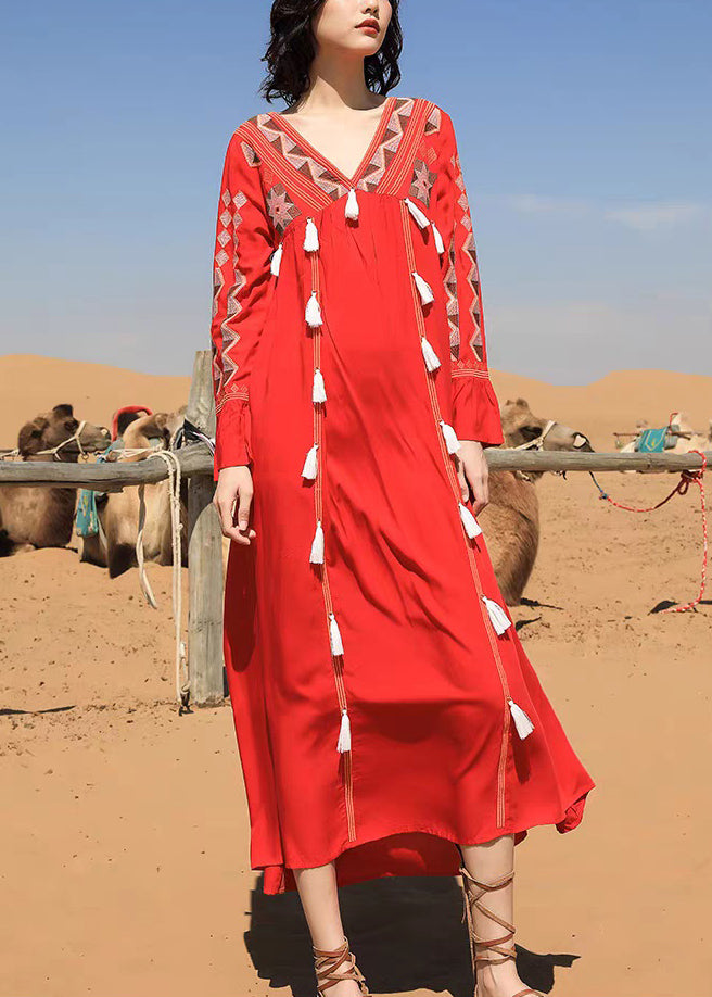 Tasseled Long Dress Fall Red Cotton V Patchwork Neck