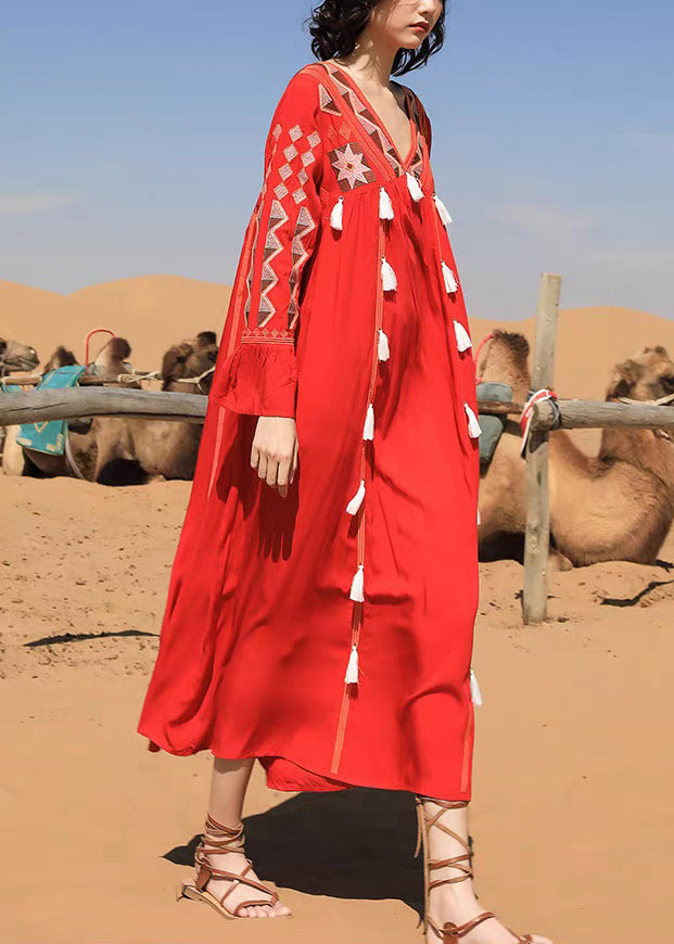 Tasseled Long Dress Fall Red Cotton V Patchwork Neck