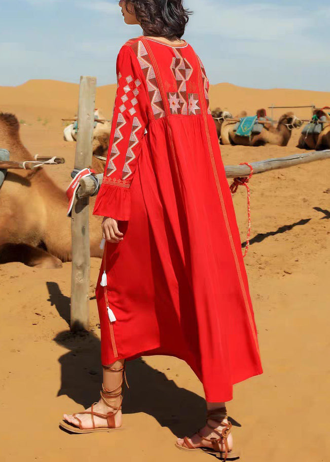 Tasseled Long Dress Fall Red Cotton V Patchwork Neck