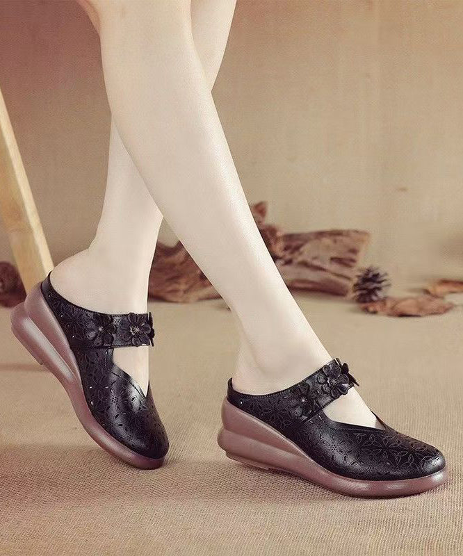 New Cowhide Red Slide Splicing Out Wedge Leather Sandals Hollow