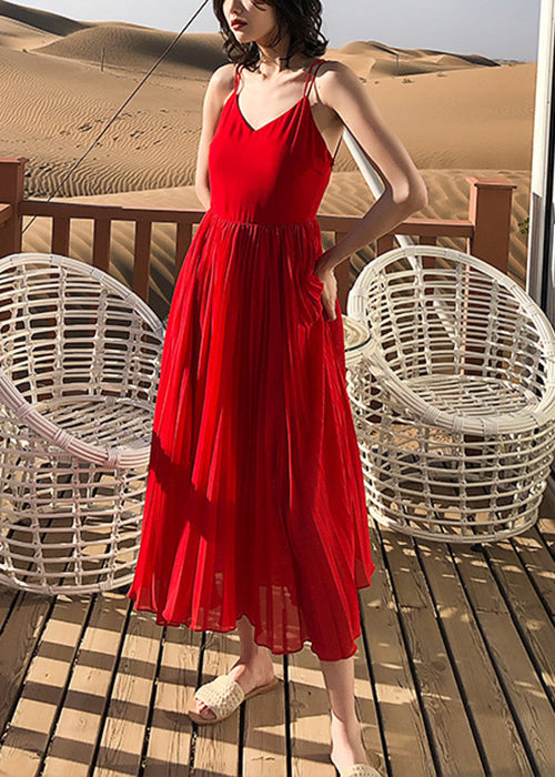 Red Chiffon Solid Dress Summer Spaghetti V Strap Neck Wrinkled