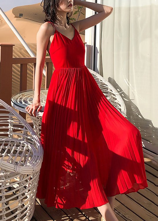 Red Chiffon Solid Dress Summer Spaghetti V Strap Neck Wrinkled