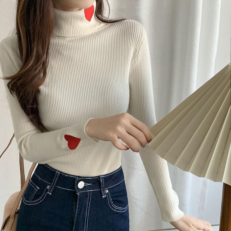 Red Heart Stripe Turtleneck Jumper