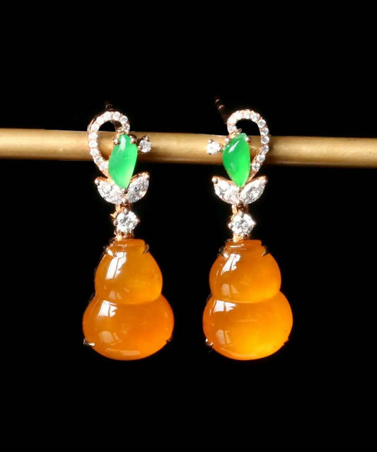 Regular Orange Sterling Silver Overgild Zircon Jade Gourd Drop Earrings AC1038